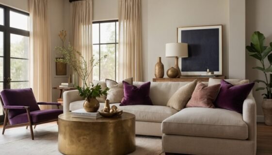 a neutral warm living room with plum accents