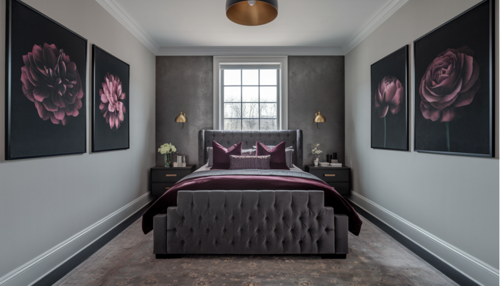 an elegant small bedroom with black and burgundy accents