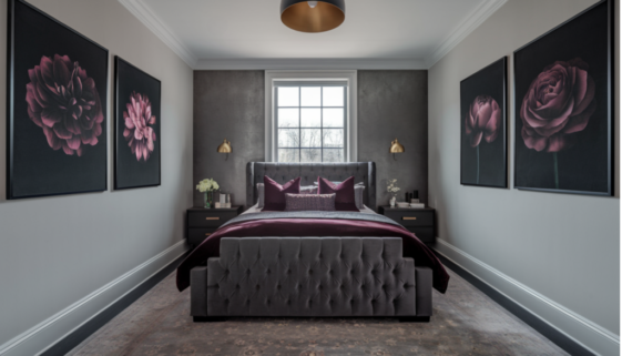 an elegant small bedroom with black and burgundy accents