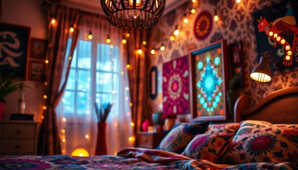 High-resolution stock photo Close-up, vibrant eclectic boho bedroom. Creative light art, artistic lighting, abstract patterns, detailed focus, commercial quality