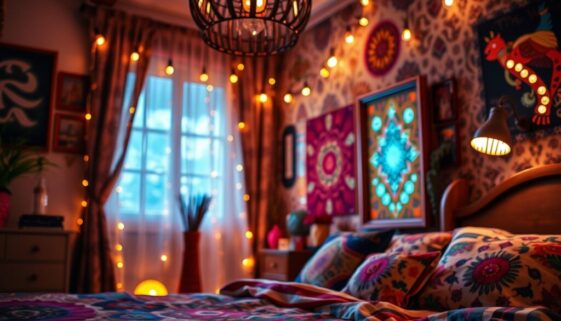 High-resolution stock photo Close-up, vibrant eclectic boho bedroom. Creative light art, artistic lighting, abstract patterns, detailed focus, commercial quality