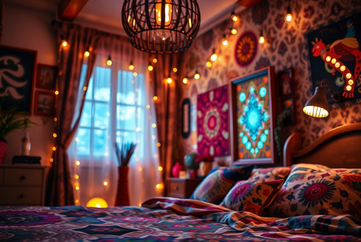 High-resolution stock photo Close-up, vibrant eclectic boho bedroom. Creative light art, artistic lighting, abstract patterns, detailed focus, commercial quality High-resolution stock photo Close-up, vibrant eclectic boho bedroom. Creative light art, artistic lighting, abstract patterns, detailed focus, commercial quality